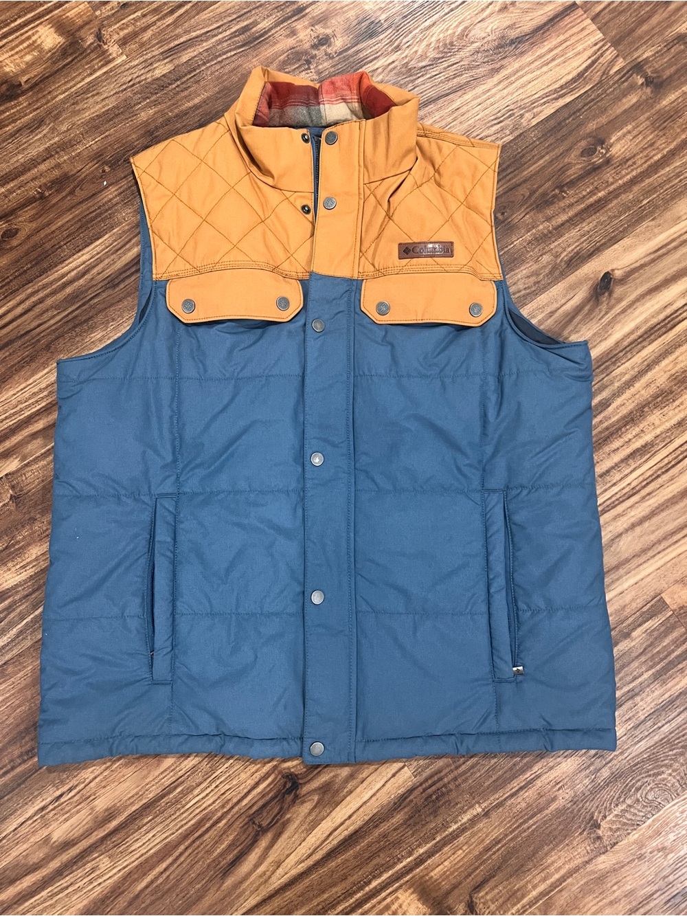 Columbia Ridgestone Quilted Puffer Vest.
 Blue and Mustard